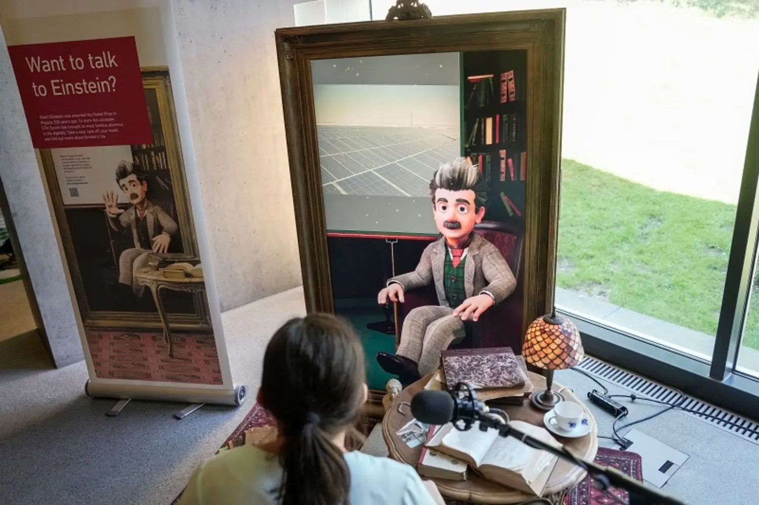 Woman talking to an AI generated version of Einstein.