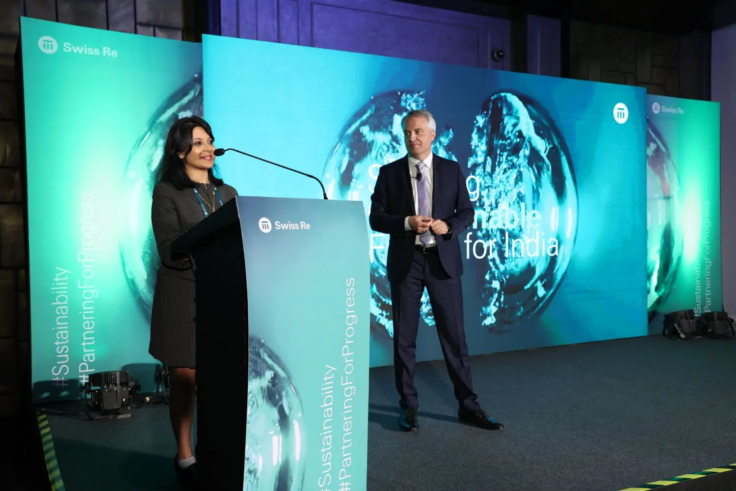 A speaker presenting at the: "Shaping a sustainable future for India: How insurers can help" event.