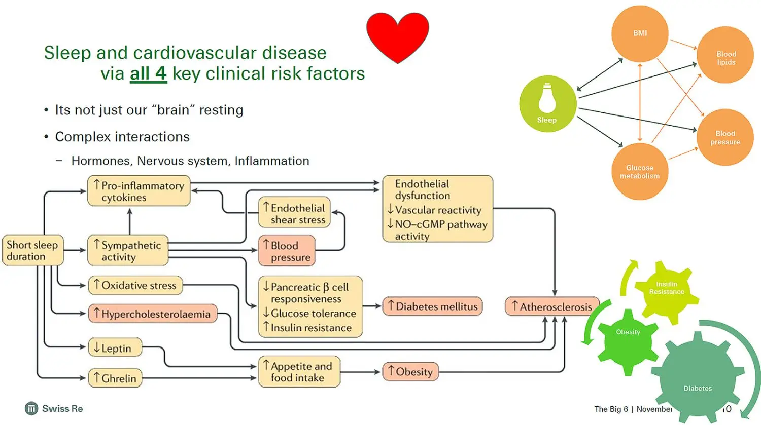 Image of a infograph saying; Sleep and cardiovascular disease via all 4 key clinical risk factors plus visual explanation.<br/>Graph 3 of the future of the long and healthy life page