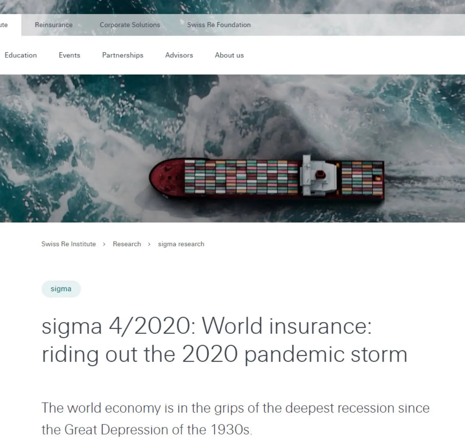 Covid 19 crisis 2020, sigma 4/2020 Swiss Re's publication. 