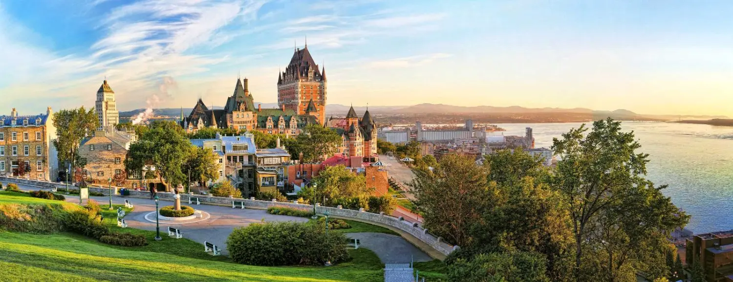 Panoramic view of Old Quebec, Canada showcasing a mix of urban cityscape, historic neighborhoods, and natural scenery outdoors.