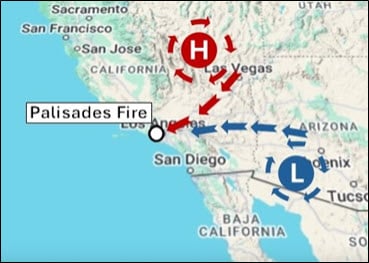 Santa Ana winds kick up when a high-pressure system over the inland desert produces high-speed winds, increased temperatures and single digit humidity. Source: Swiss Re and Google Maps